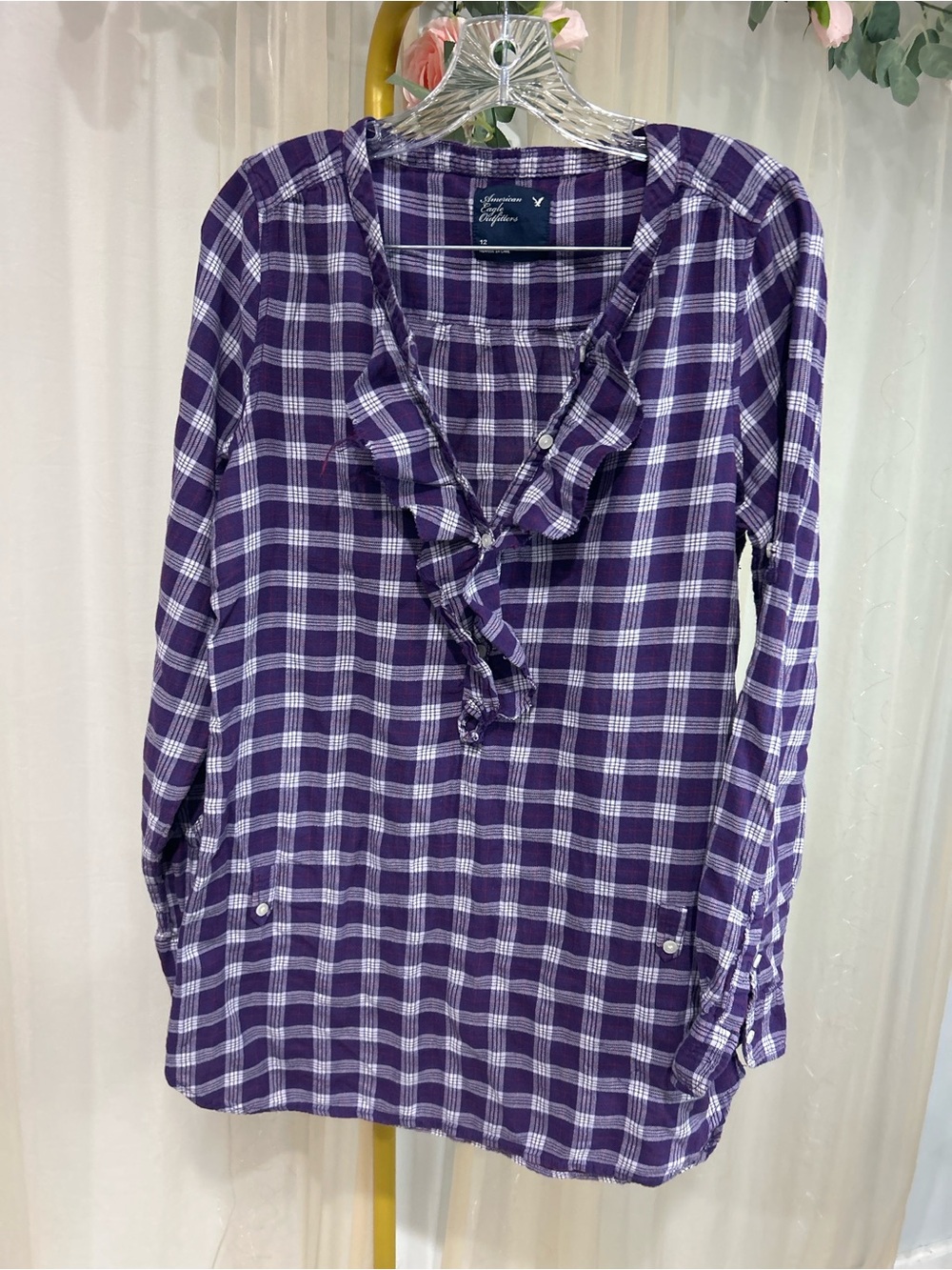 American Eagle Outfitters Purple Plaid Ruffle Front Button Top Size 12